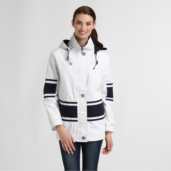 Mackintosh New England Poplin Nautical Rain Jacket Blue White Striped Medium - Picture 1 of 11